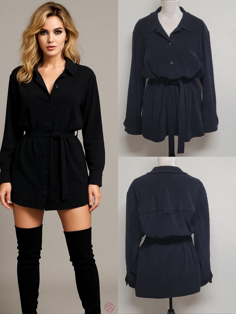 90s Vintage Maggie McNaughton Black Faux Suede Button Down Belted Mini Dress L